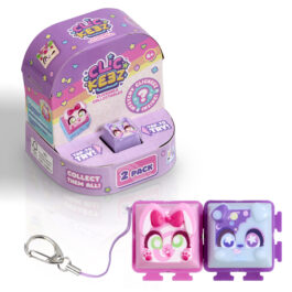 Image of Clickeez 2 Pack Packaging with 2 clickeez & a keychain next to it