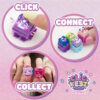 Infographic of 3 pictures showing how to 'click' 'connect' & 'collect' Clickeez combined with the Clickeez logo
