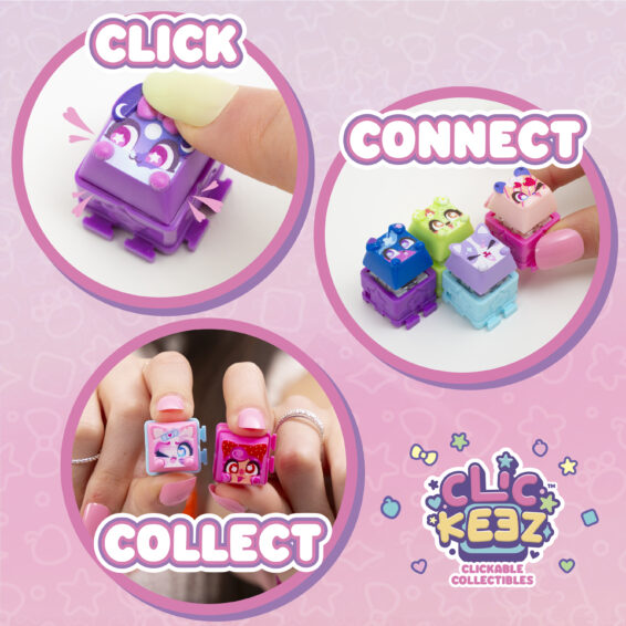 Infographic of 3 pictures showing how to 'click' 'connect' & 'collect' Clickeez combined with the Clickeez logo