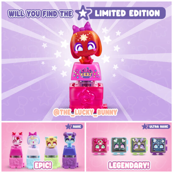 An image containing the text 'Will you find the limited edition @The_Lucky_Bunny' with a picture of the Limited Edition Clickee, the text 'Rare' 'Epic!' with Epic Clickeez & the text 'Ultra Rare' 'Legendary!' with the Legendary Clickeez